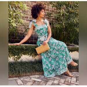 Sue Sartor Annabel Sundress Green Garden tiered floral Maxi Dress size Small